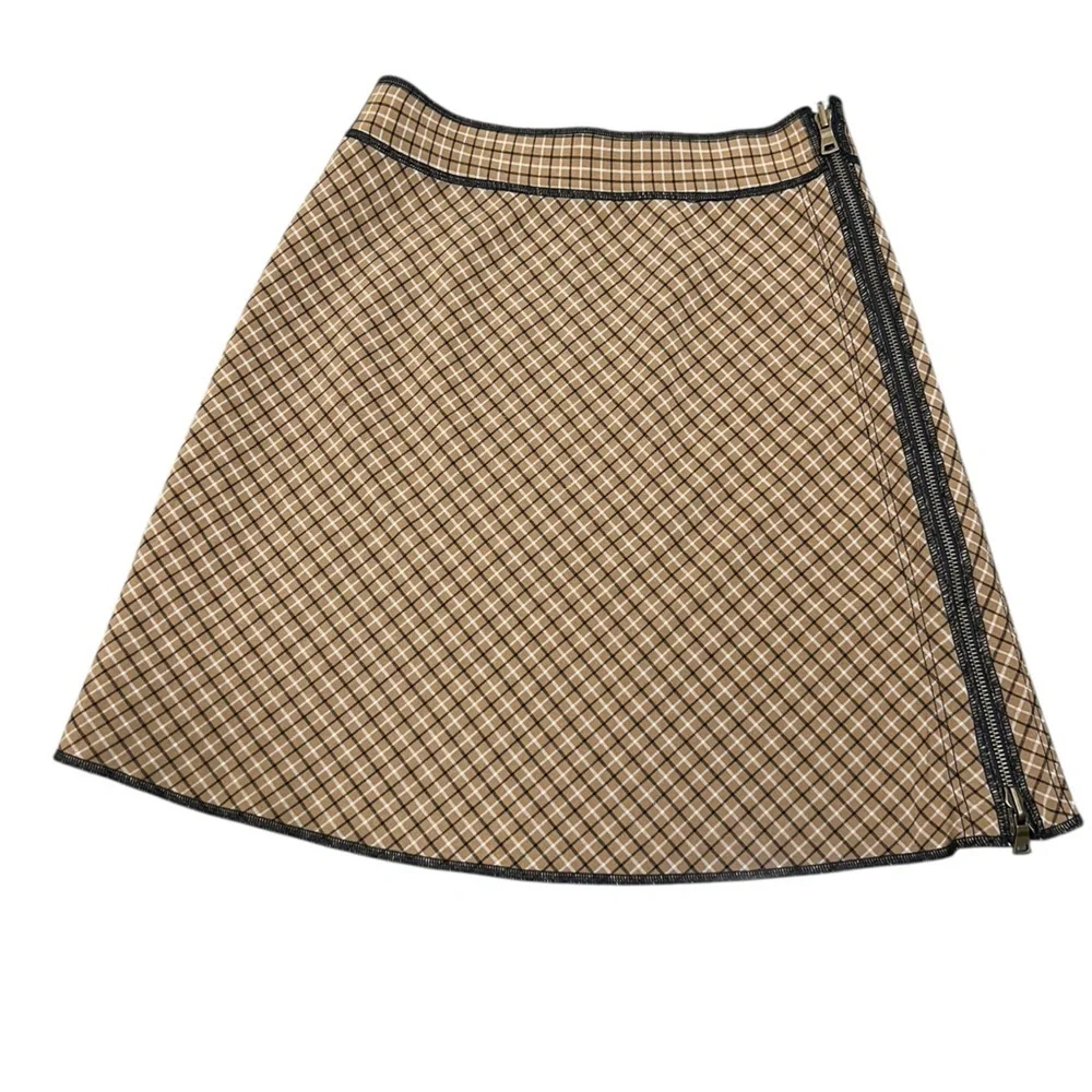 W by Worth tan black plaid a-line mini skirt with side zipper details academia